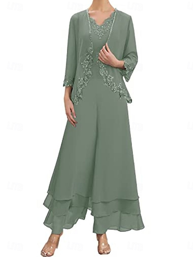  Kleid Sets Mutter der Braut Kleid Hochzeitsgast Elegant Einfach V-Ausschnitt Bodenlang Polyester Langarm mit Stickerei