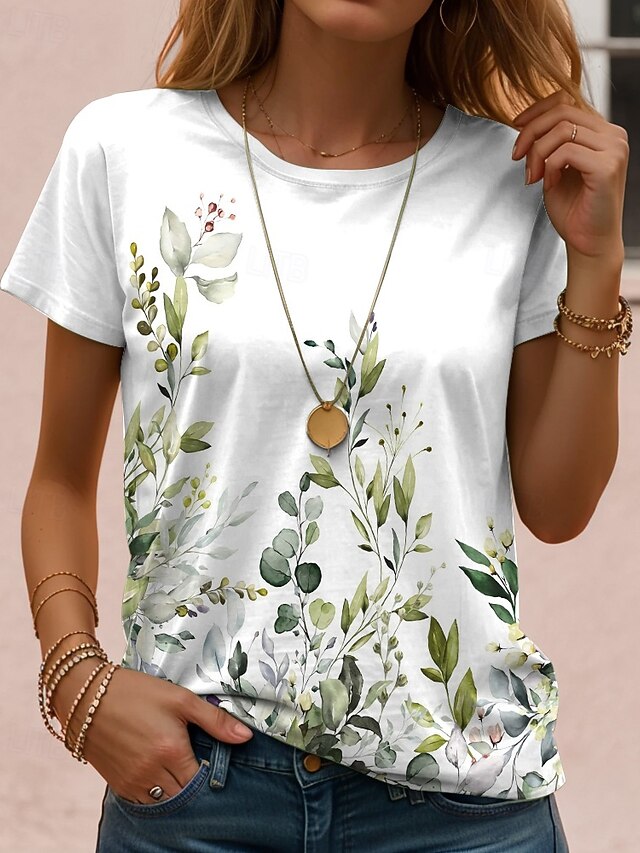 Women's T Shirt Floral Casual Short Sleeve Round Neck Regular Tops Daily Going out Weekend Print White Summer3