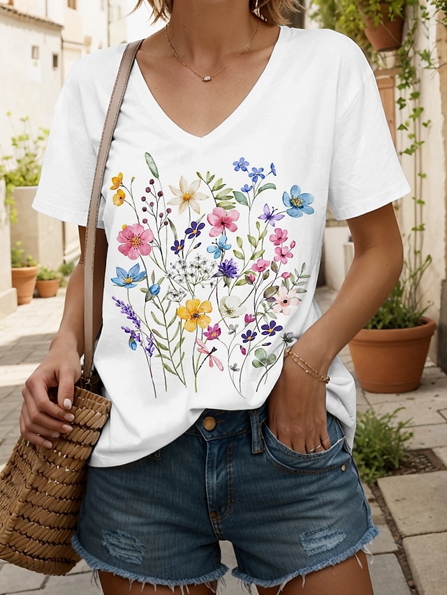  Dames T-shirt Bloemig Grafisch Casual Korte mouw V-hals Normale tops Dagelijks Uitgaan Strand Kleding Afdrukken Wit Zomer