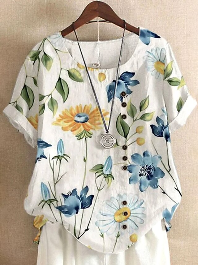 Women's Shirt Blouse Floral Graphic Elegant Daily Short Sleeve Crew Neck Regular Tops Daily Linen Like Print Light Blue Summer4
