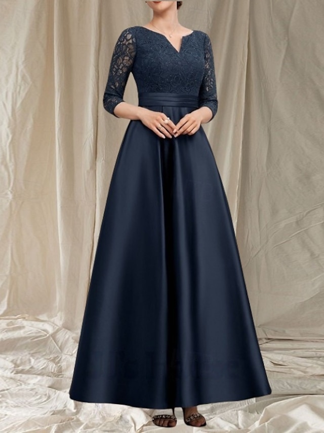  Vestido en Corte A Para la Madre de la Novia Invitada de Boda Elegante Escote en V Largo Satén Encaje Manga 3/4 con Encaje
