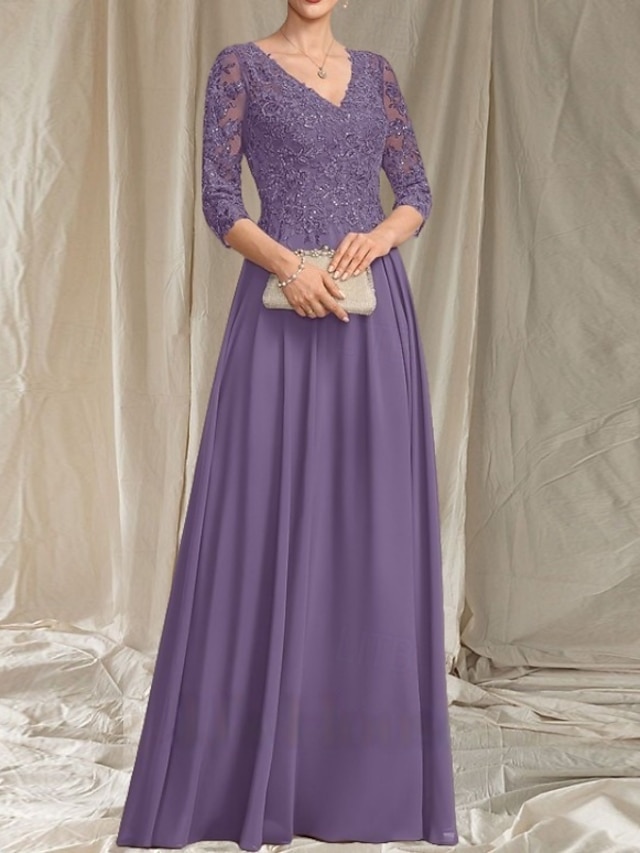  Linea ad A Abito da cerimonia per signora Ospite di nozze Elegante Scollo a V Lunghezza al pavimento Chiffon Manica 3/4 con Perline Applicazioni 2025