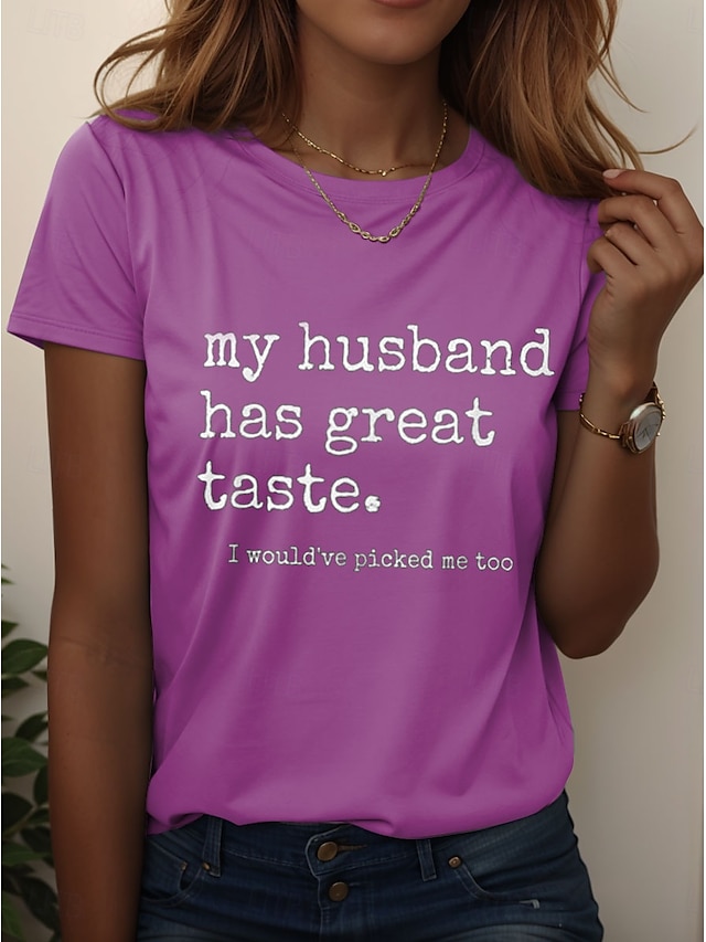  T-shirt humoristique pour femme, imprimé graphique, élégant, décontracté, manches courtes, col rond, régulier, quotidien, week-end, noir, bleu, violet, été, printemps