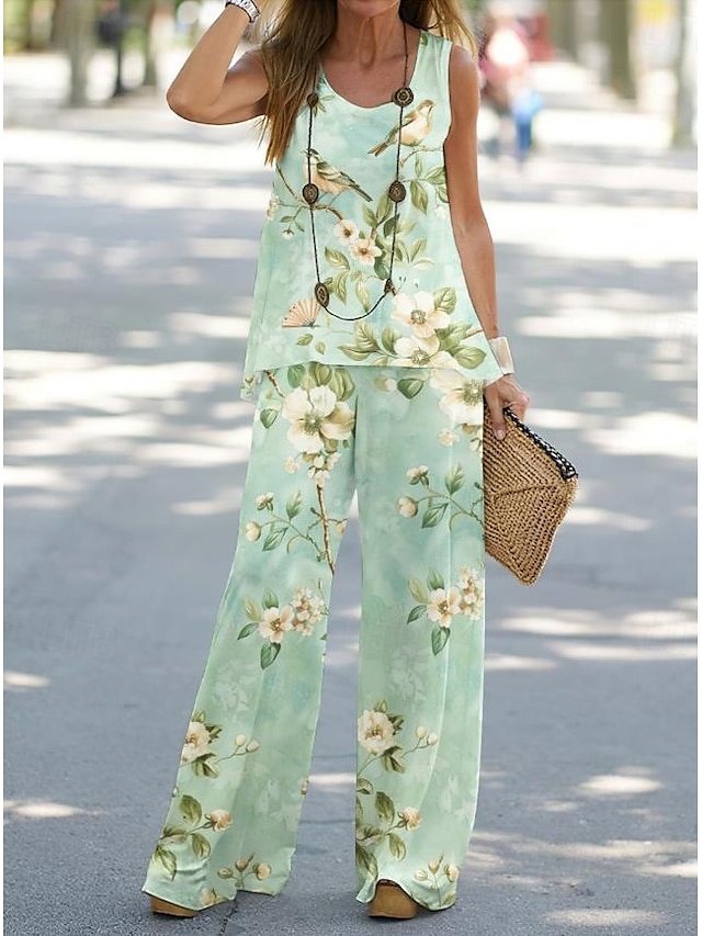  Ensemble de pantalons pour femmes Vacances Mode Quotidien Gilet Sans manches Col rond Géométrique Vacances Décontracté Quotidien Blanc Jaune Vert clair Été Coupe régulière
