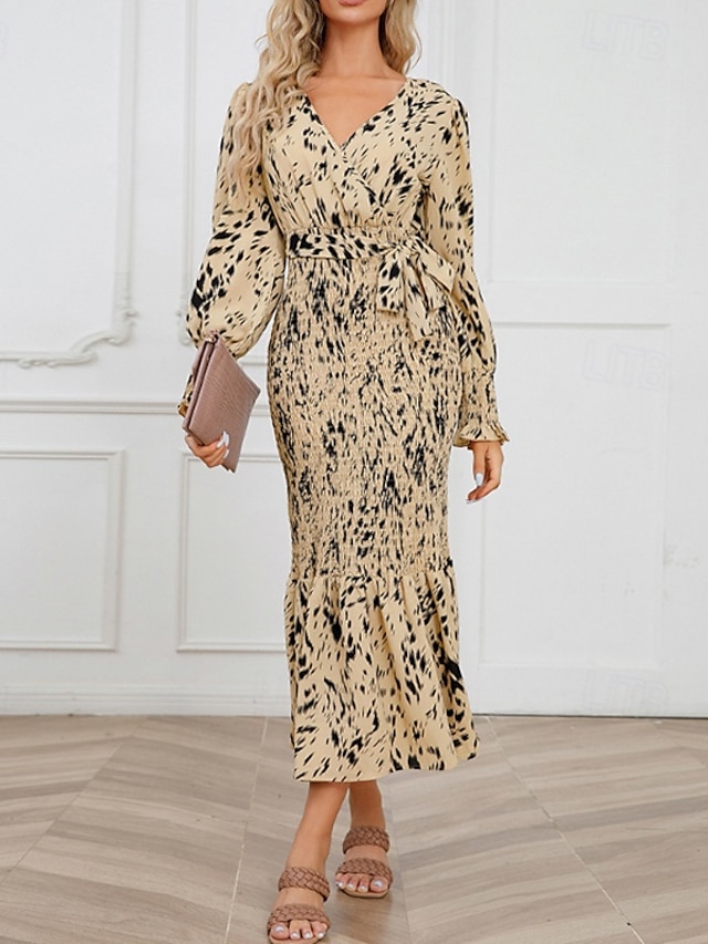  Damen Midikleid Cocktailkleid Etui-Kleid Mode Urlaub Ferien Teegesellschaft Normale Passform Leopard Langarm V Ausschnitt Schwarz Khaki Aprikose Sommer