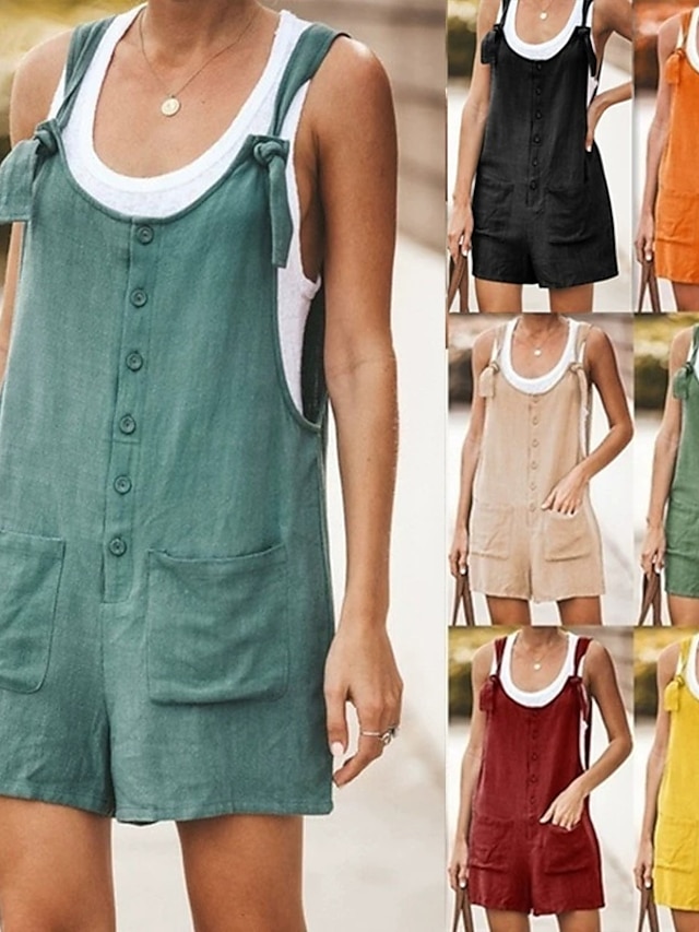  Mujer Normal Pantalones inspirados en el lino Básico Color sólido Sin Mangas Escote en U Bolsillo Calle Diario Ajuste regular Negro Amarillo Verde Claro Verano