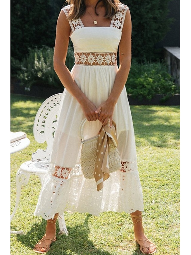  Women's Midi Dress White Dress Graduation Dress Elegant Fashion Modern Vacation Birthday Going out Regular Fit Plain Sleeveless U Neck White Summer