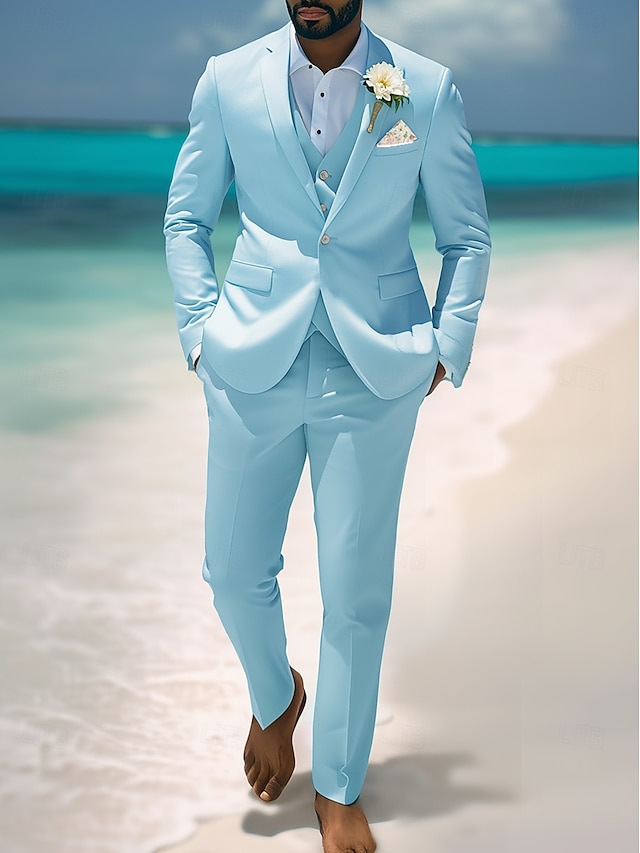  Herren Lässige Strandhochzeitsanzüge Himmelblau Mode Lässig Sommer Unifarben Standardpassform 3 Teilig Einreiher Ein-Knopf