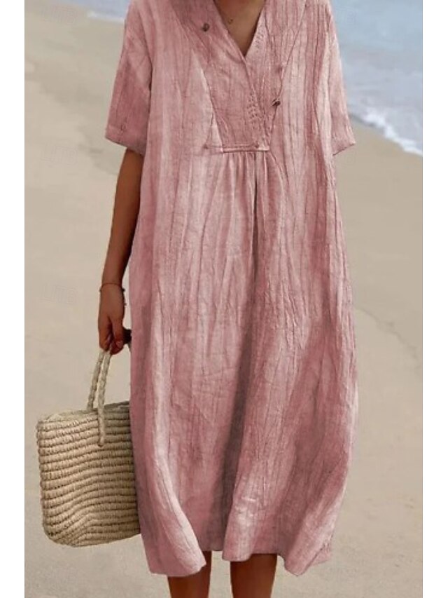 Women's Midi Dress Cotton Linen Dresses Cotton Linen Dress Fashion Classic Modern Vacation Daily Holiday Regular Fit Plain Short Sleeve V Neck Light Green Pink Blue Green Summer3