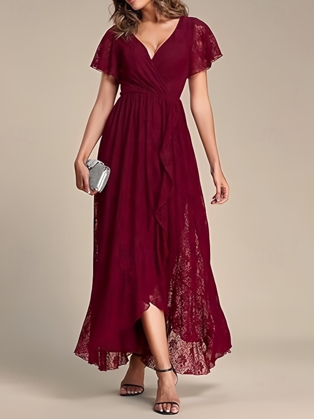  vestido de madrinha linha a decote em v manga curta elegante renda assimétrica com pregas / franzido 2025