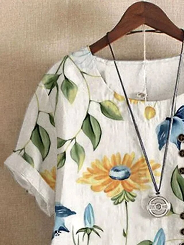  Chemisier féminin blouse florale graphique élégante quotidienne à manches courtes col rond tops réguliers quotidien imprimé lin-like bleu clair été