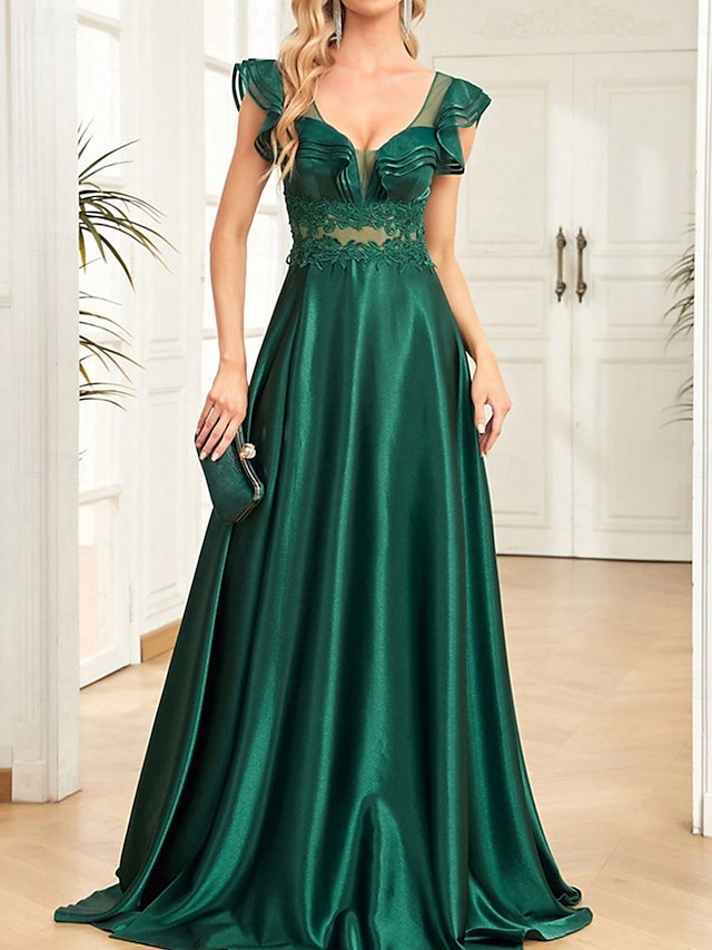  Kleid Mutter der Braut Kleid Elegantes Party V-Ausschnitt Bodenlang Polyester Ärmellos mit Rüschchen