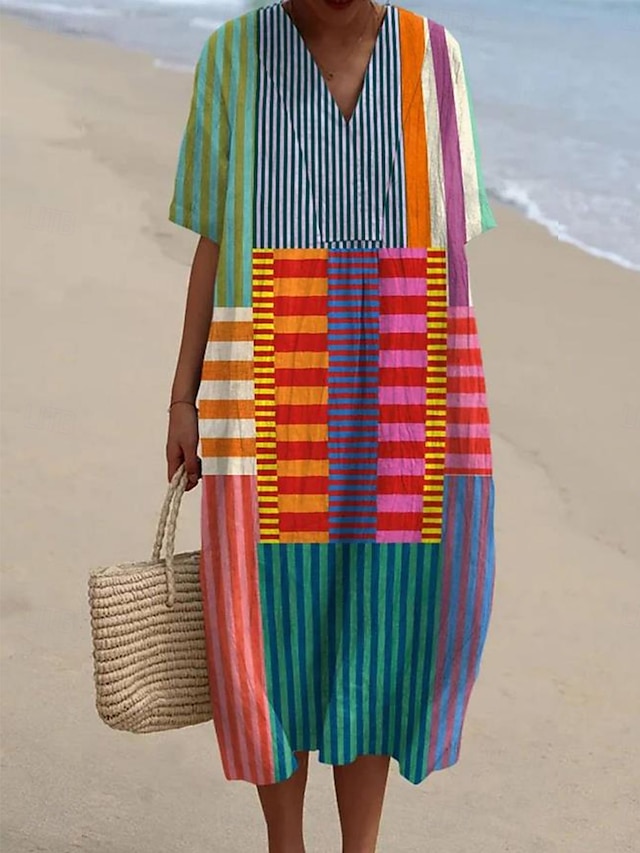  Robe Midi pour Femmes Robe d'Été A-Line Lin Vacances Décontractée Plage Sortie Coupe Lâche Imprimé Graphique Géométrique Manches Courtes Col V Rose Bleu Kaki Été