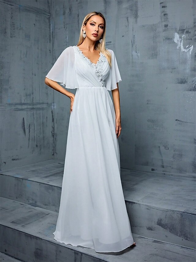  Kleid Brautmutterkleid Elegant V-Ausschnitt Bodenkörper Polyester Halber Ärmel mit Einfarbig