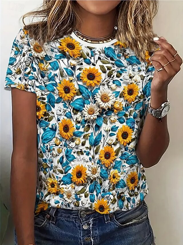  Pentru femei Tricou Topuri de vară Floral Grafic Clasic Casual Manșon scurt Stil Nautic Crop Tops Zilnic Sfârșit de săptămână Imprimeu Curcubeu Vară Primăvară Toamnă