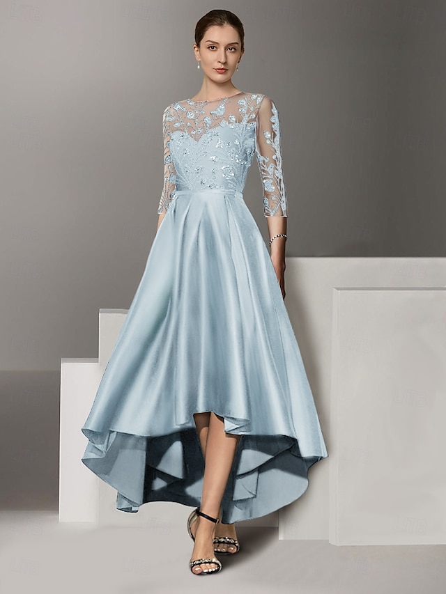  abito a trapezio abito per la madre della sposa elegante semplice scollo a v lunghezza alla caviglia lunghezza tè raso manica a 3/4 con pizzo arricciato paillettes 2025