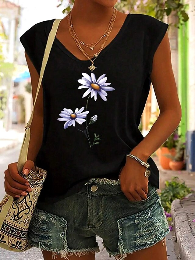 Women's Camisole Tank Top Floral Graphic Stylish Casual Sleeveless V Neck Regular Tops Daily Print Black Summer4