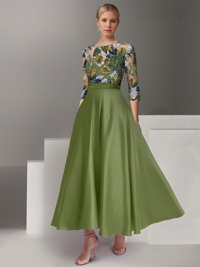  A-Linje Cocktail Floral Elegant Kjole Formell Bryllup Ankellengde Halv Erme Illusjons Hals Sateng med Volanger Splitt Broderi