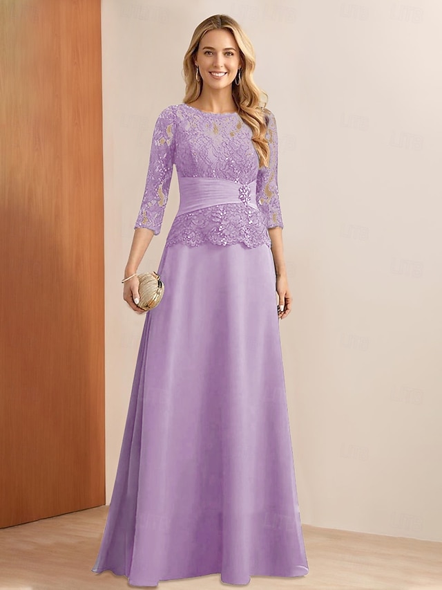  A-Line Klänning Brudens Mor Klänning Elegant Fest Ädel Halsringning Golvlängd Chiffon Spets 3/4 Längd Ärmar med Spetsapplikationer