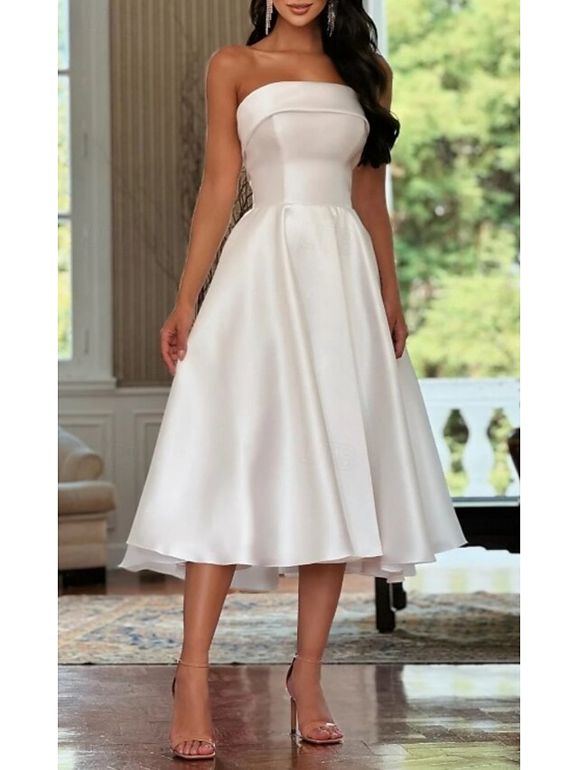  Engagement Little White Dresses Wedding Dresses A-Line Sweetheart Sleeveless Tea Length Satin Bridal Gowns With Pleats Solid Color 2025
