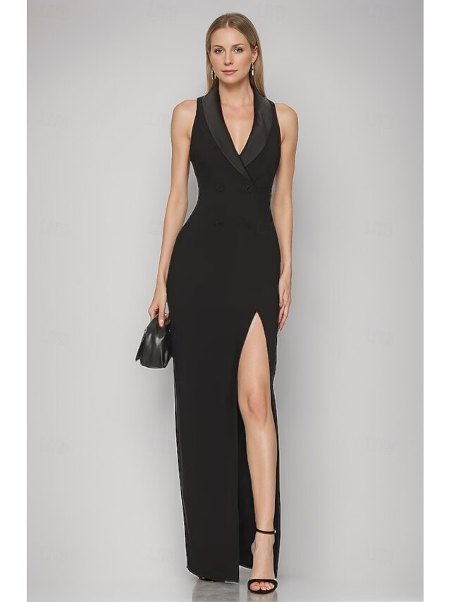 Tuxedo Dress Sheath / Column Wedding Guest Church Stretch Crepe Elegant Sleeveless Floor Length Split Thigh Shawl Lapel4