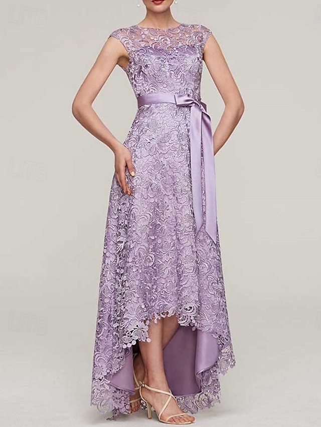  Robe Mère de la Mariée A-Line Invité de Mariage Élégante Minimaliste Détachable Col Bascule Asymétrique Mi-Longue en Dentelle Charmeuse Sans Manches avec Dentelle Robe Midi 2025