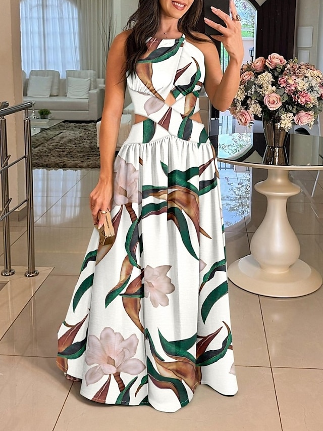  Femmes Robe Longue Maxi Robe Robe évasée Robe à col licou Robe Imprimée Élégant Sortir Robe d'Été Coupe régulière Fleuri Géométrique Sans manches Col Halter Blanche Orange Vert Beige Été
