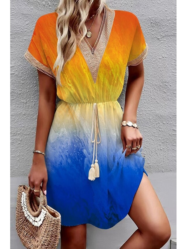  Femmes Mini Robe Robe bohème Robe Imprimée Mode Classique Quotidien Fête Week-end Coupe régulière Fleur Manche Courte Col en V Blanche Orange Vert Été