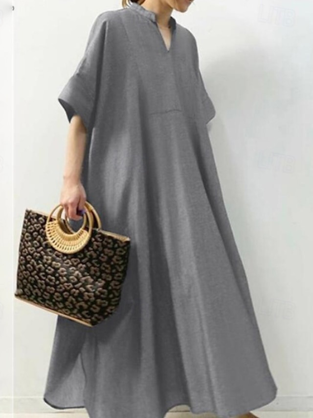  Per donna Abito Lungo Maxi Abito Abiti ispirati al lino Vestito Casual Moda Moderno Quotidiano Uscire Weekend Vestibilità regolare Semplice Mezza Manica Scollo a V Nero Marrone Blu scuro Grigio Estate