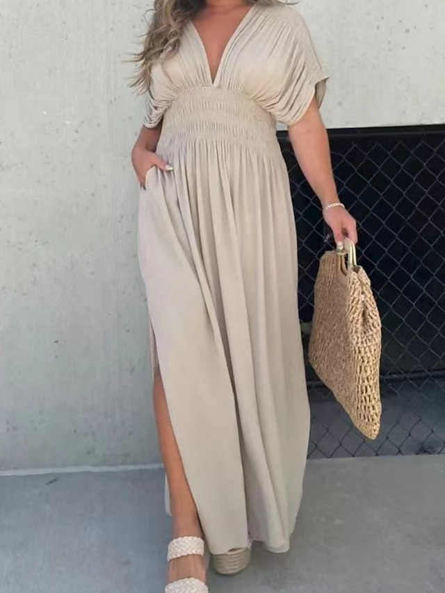  Damen Langes Kleid Maxikleid Weißes Kleid Freizeitkleid Schwingkleid Sommerkleid Mode Modern Täglich Ferien Strand Normale Passform Einfach Kurzarm V Ausschnitt Burgunderrot Marineblau Braun Aprikose
