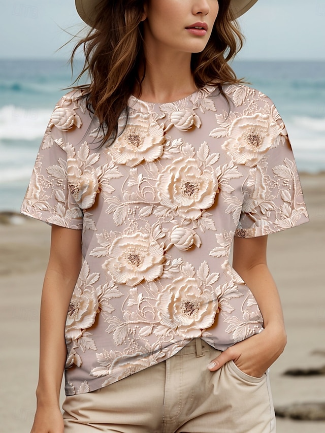  Damen T Shirt Blumen Grafik Stilvoll Lässig Kurzarm Rundhals Normale Oberteile Täglich Wochenende Druck Pudriges Rosa Sommer Frühling