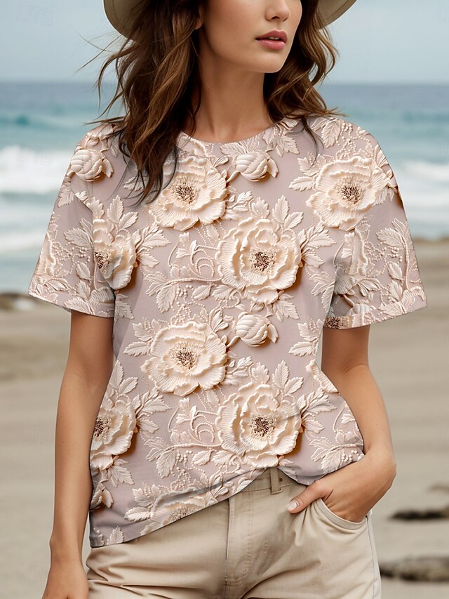 Women's T Shirt Floral Graphic Stylish Casual Short Sleeve Round Neck Regular Tops Daily Weekend Print Dusty Rose Summer Spring4