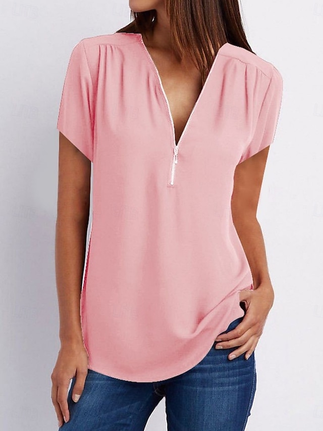  Women's T Shirt Solid Color Plain Fashion Modern Casual Short Sleeve V Neck Regular Tops Daily Weekend Zipper Black White Pink Wine Royal Blue Summer
