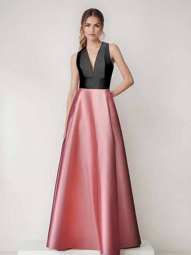  Vestido de noite em linha A, elegante, com blocos de cores, costas vazadas, formal, casamento, comprimento até o chão, sem mangas, decote em V, cetim com bolso lateral 2025