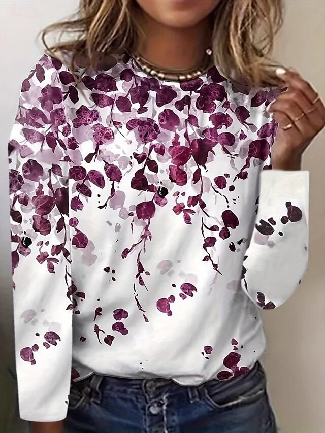 Women's T Shirt Floral Fashion Modern Long Sleeve Crew Neck Regular Tops Daily Print Purple Summer4