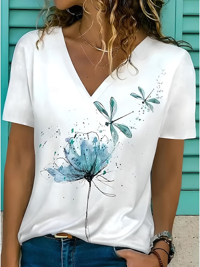  Women's T Shirt Floral Graphic Casual Short Sleeve V Neck Regular Tops Daily Print White Light Green Summer Spring