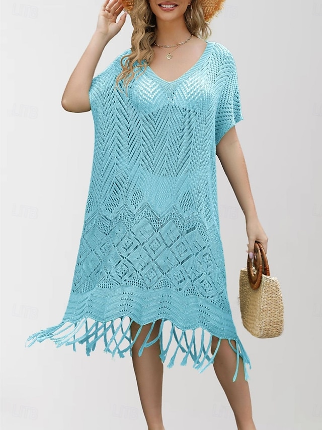  Maillots de bain pour femmes robe de nage maillot de bain découpé frange vacances vêtements de plage couleur unie col en V manches courtes maillots de bain