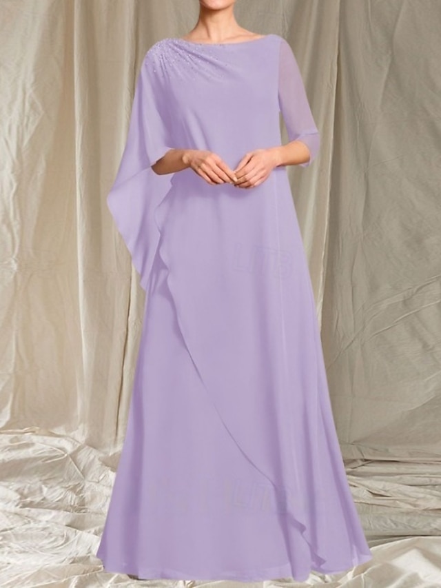  A-linja Morsiamen äidin mekko Häiden vieras Elegantti Crew-kaula-aukko Lattianpituinen Chiffon 3/4-pituisella hihalla Helmiäistyksellä