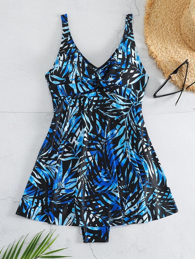  Damen Badeanzüge Einteiler Monokini Badeanzug Rückenfrei Bauchkontrolle Hohe Taille Slim Urlaub Strandmode Blätter V-Ausschnitt Ärmellos Bademode