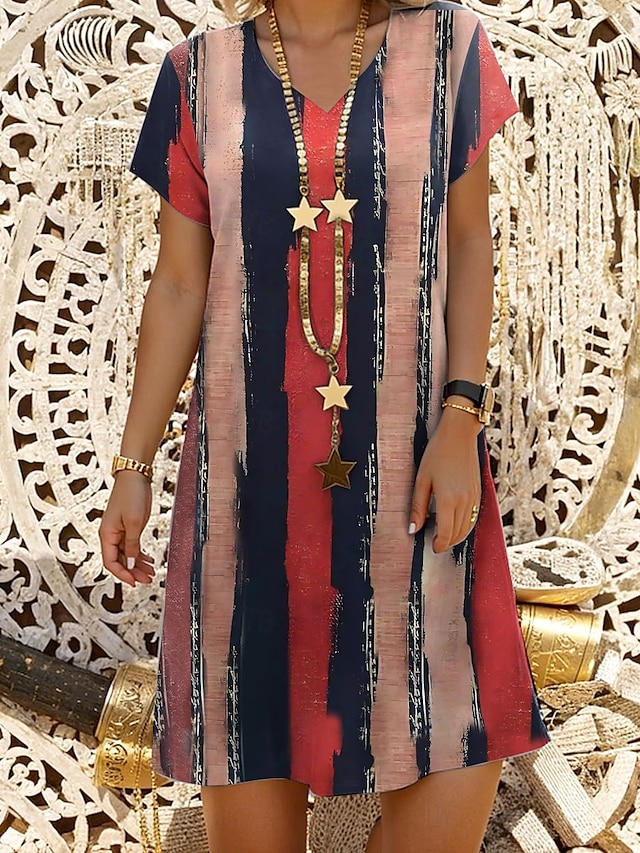  Abito Mini Donne Abito A Line Abito Casual Abito Estivo Stile Casual Quotidiano Fit Regolare Grafica Strisce Maniche Corte Collo a V Rosso Viola Verde Estate Primavera