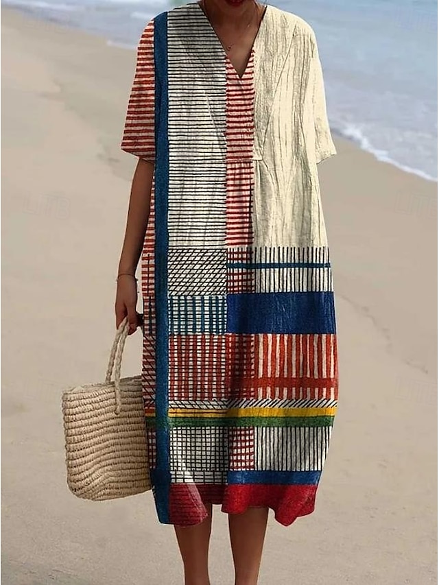  Robe midi féminine robe d'été robe en A lin vacances décontractée plage sortie coupe ample graphique géométrique à manches courtes col en V blanc rose rouge khaki été