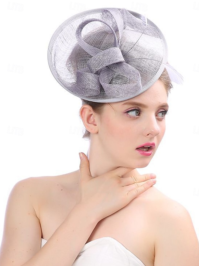  Coiffure Polyester Imitation Lin Chapeau Fedora Mariage Élégant ancien Avec Plume Casque Couvre-chef