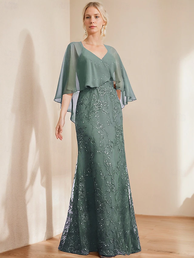 A-Line Dress Mother of the Bride Dress Elegant Sparkle & Shine V Neck Floor Length Chiffon Lace Short Sleeve with Lace Sequin 10
