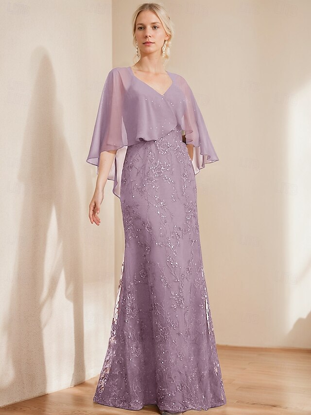 A Line V Neck Short Sleeve Sequined Elegant Mother of the Bride Dresses with Pleats