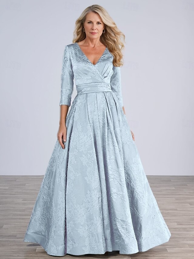  Blau Rosa Jacquard A-Linie Brautmutter Kleid Elegantes Vintage Bodenlänge Polyester Spitze Halblangarm mit Blume Hochzeitsgastkleid 2025