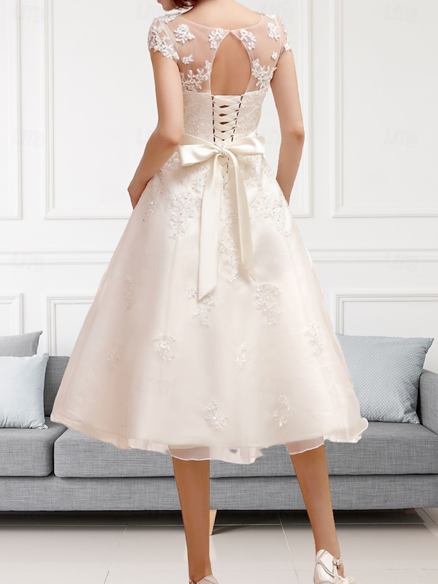Bridal Shower Little White Dresses Wedding Dresses Tea Length Ball Gown Short Sleeve main image 1