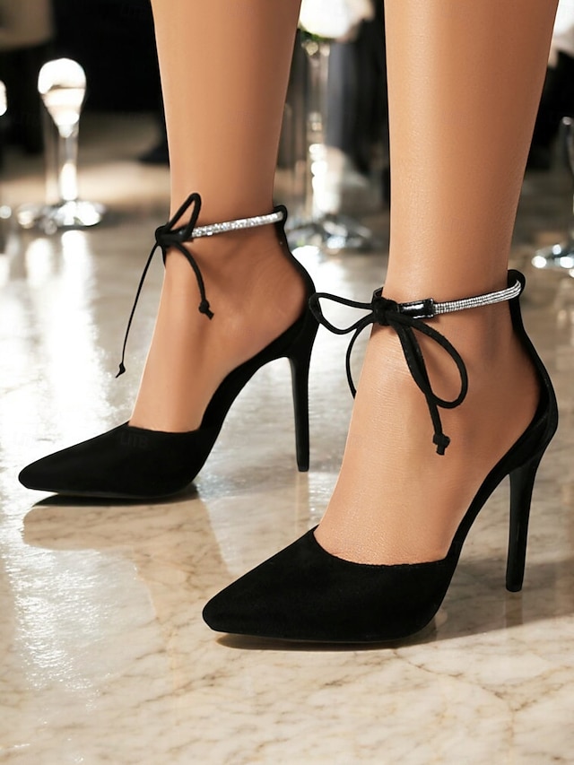  Women's Black Suede Pointed-Toe Stiletto Heels with Rhinestone Ankle Strap – Elegant Evening & Date Night Shoes