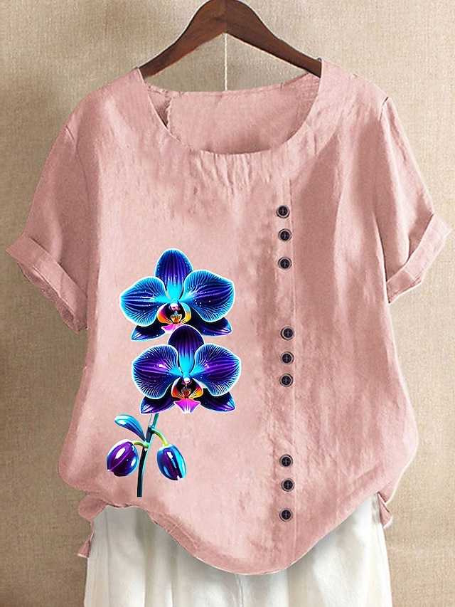  Dames 100% katoenen blouse bloemenprint vintage casual korte mouw ronde hals normale tops dagelijks uitgaan knopen print gras groen wit roze blauw paars zomer lente