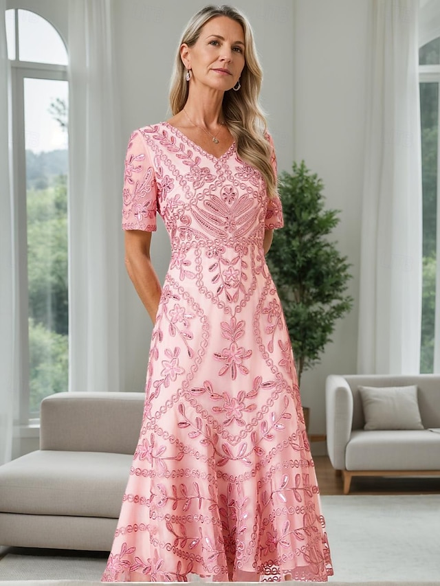  A-Linie Kleid Mutter der Braut Kleid Elegant Vintage Party V-Ausschnitt Tee-Länge Kordelspitze Kurzarm mit Spitze Pailletten Midi Kleid
