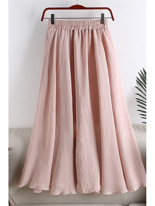  Femmes Jupe Évasé Mode Maxi Taille Basse Jupes Uni Froncé Micro-Élastique Vacances Rue Noir Blanche Rose Claire Bleu Été Coton